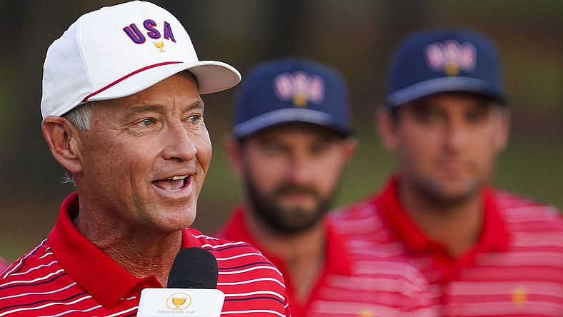 Sep 25, 2022; Charlotte, North Carolina, USA; Team USA captain Davis Love III speaks during the singles match play of the Presidents Cup golf tournament at Quail Hollow Club. Mandatory Credit: Peter Casey-USA TODAY Sports