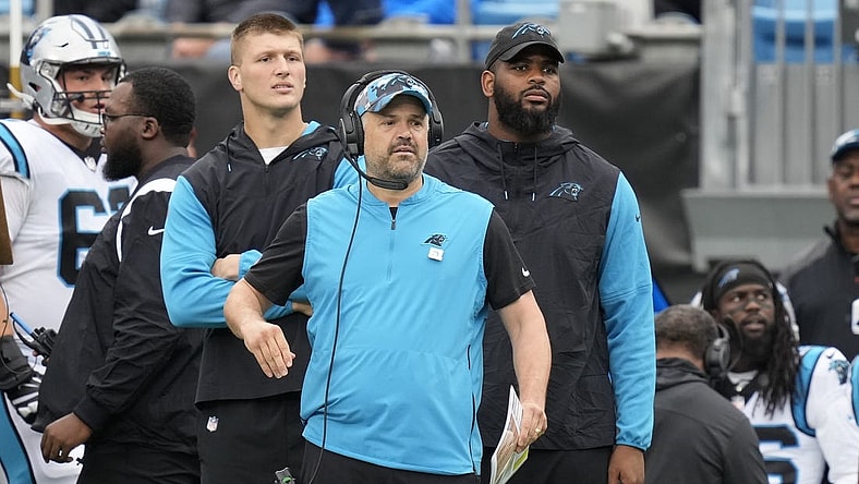 Oct 2, 2022; Charlotte, North Carolina, USA; Carolina Panthers head coach Matt Rhule during the first quarter against the Arizona Cardinals at Bank of America Stadium. Mandatory Credit: Jim Dedmon-USA TODAY Sports