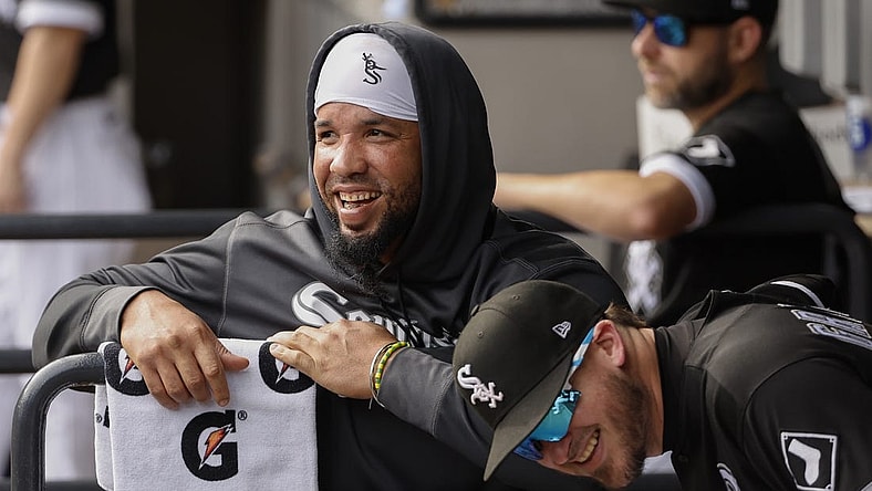 Oct 5, 2022; Chicago, Illinois, USA; Chicago White Sox first baseman Jose Abreu (79) smiles before a game against the Minnesota Twins at Guaranteed Rate Field. Mandatory Credit: Kamil Krzaczynski-USA TODAY Sports