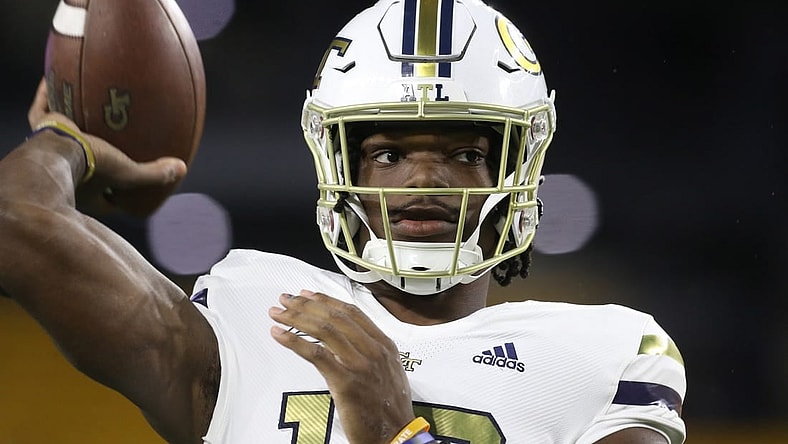 Oct 1, 2022; Pittsburgh, Pennsylvania, USA;  Georgia Tech Yellow Jackets quarterback Jeff Sims (10) warms up before the game against the Pittsburgh Panthers at Acrisure Stadium. Mandatory Credit: Charles LeClaire-USA TODAY Sports