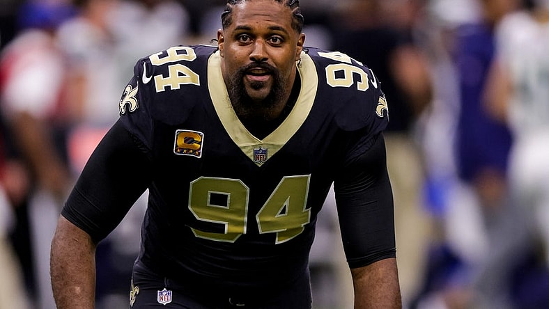 Oct 9, 2022; New Orleans, Louisiana, USA; New Orleans Saints defensive end Cameron Jordan (94) does the Who Dat chant before the game against the Seattle Seahawks during the first half at Caesars Superdome. Mandatory Credit: Stephen Lew-USA TODAY Sports