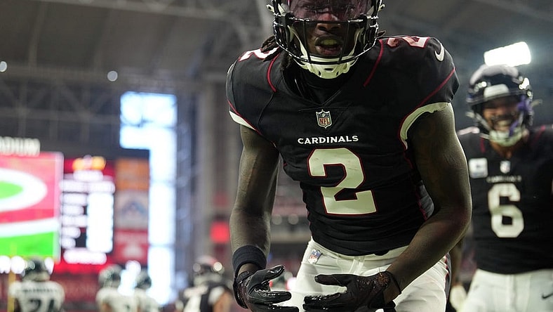 Oct 9, 2022; Glendale, Arizona, USA; Arizona Cardinals wide receiver Marquise Brown (2) celebrates a touchdown against the Philadelphia Eagles during the first half at State Farm Stadium. Mandatory Credit: Joe Camporeale-USA TODAY Sports