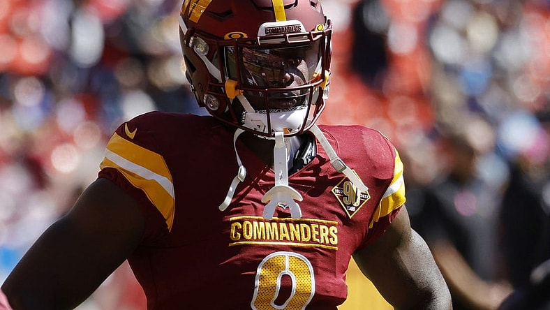 Oct 9, 2022; Landover, Maryland, USA; Washington Commanders running back Brian Robinson (8) stands on the field during warmup prior to the Commanders' game against the Tennessee Titans at FedExField. Mandatory Credit: Geoff Burke-USA TODAY Sports