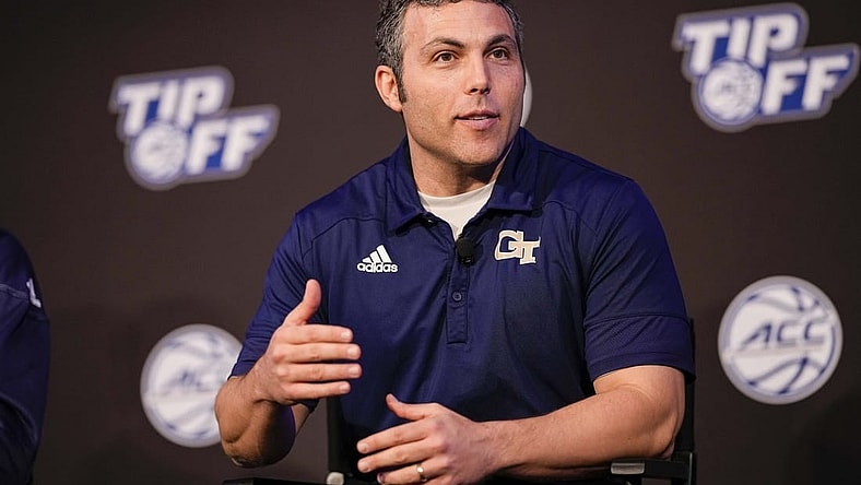 Oct 12, 2022; Charlotte, North Carolina, US; Georgia Tech Coach Josh Partner during the ACC Tip Off media day in Charlotte, NC.  Mandatory Credit: Jim Dedmon-USA TODAY Sports