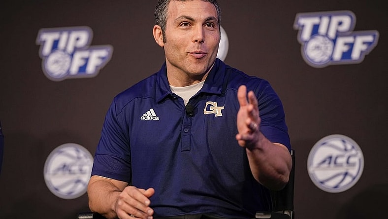 Oct 12, 2022; Charlotte, North Carolina, US; Georgia Tech Coach Josh Pastner during the ACC Tip Off media day in Charlotte, NC.  Mandatory Credit: Jim Dedmon-USA TODAY Sports
