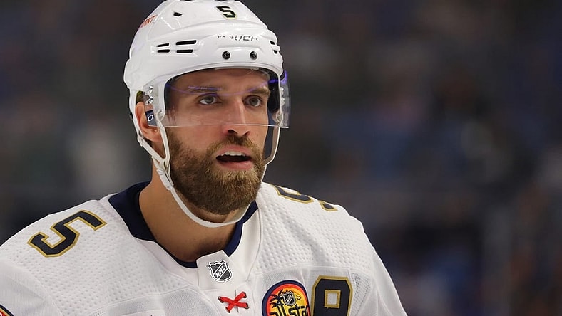 Oct 15, 2022; Buffalo, New York, USA;  Florida Panthers defenseman Aaron Ekblad (5) during a stoppage in play in the first period against the Buffalo Sabres at KeyBank Center. Mandatory Credit: Timothy T. Ludwig-USA TODAY Sports