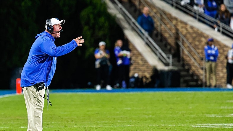 Oct 15, 2022; Durham, North Carolina, USA; Duke Blue Devils head coach Mike Elko during the second half at Wallace Wade Stadium. Mandatory Credit: Jaylynn Nash-USA TODAY Sports