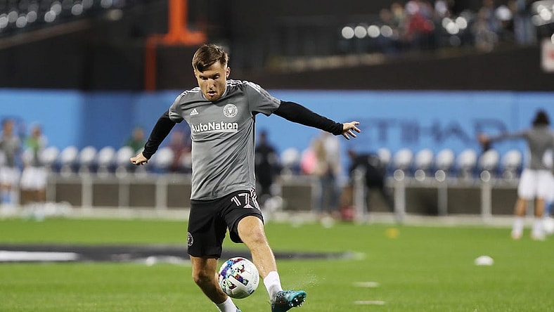 Oct 17, 2022; Queens, New York, USA; Inter Miami CF midfielder Indiana Vassilev (17) warms up before a MLS Eastern Conference quarterfinal match between New York City FC and Inter Miami CF at Citi Field. Mandatory Credit: Tom Horak-USA TODAY Sports