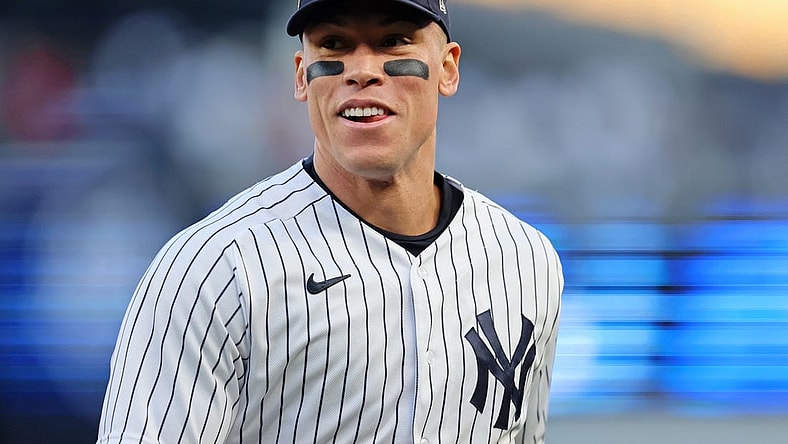 Oct 18, 2022; Bronx, New York, USA; New York Yankees right fielder Aaron Judge (99) reacts at the end of the fifth inning in game five of the ALDS for the 2022 MLB Playoffs at Yankee Stadium. Mandatory Credit: Brad Penner-USA TODAY Sports