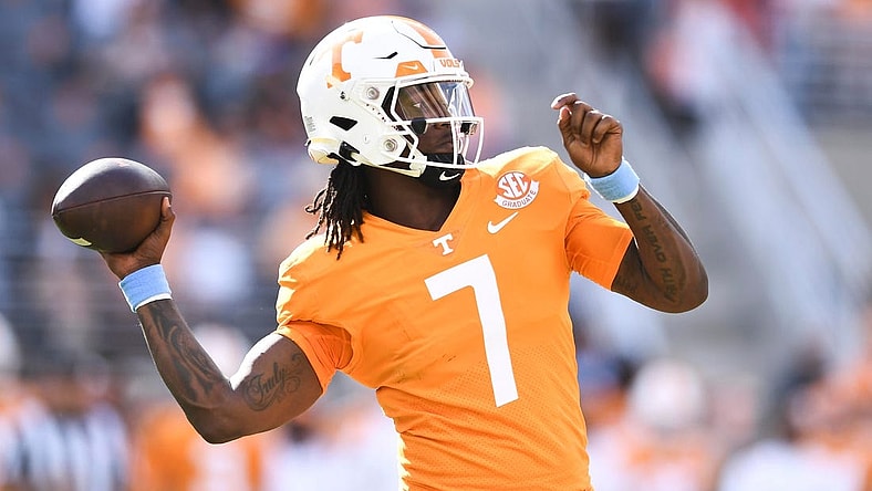 Tennessee quarterback Joe Milton III (7) pulls back to throw during the NCAA college football game against UT Martin on Saturday, October 22, 2022 in Knoxville, Tenn.
Utvmartin1012
