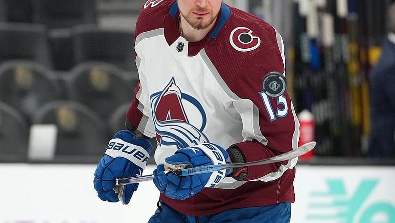 Oct 22, 2022; Las Vegas, Nevada, USA; Colorado Avalanche right wing Valeri Nichushkin (13) warms up before a game against the Vegas Golden Knights at T-Mobile Arena. Mandatory Credit: Stephen R. Sylvanie-USA TODAY Sports