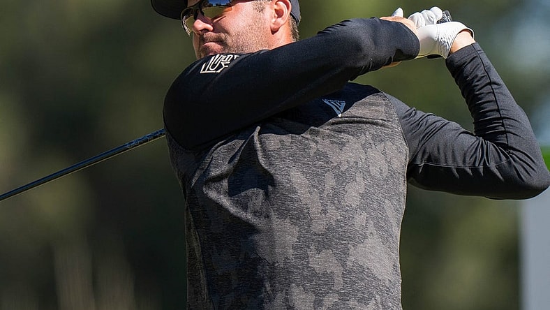 Oct 20, 2022; Ridgeland, South Carolina, USA; Corey Conners plays from the 12th tee during the first round of THE CJ CUP in South Carolina golf tournament. Mandatory Credit: David Yeazell-USA TODAY Sports