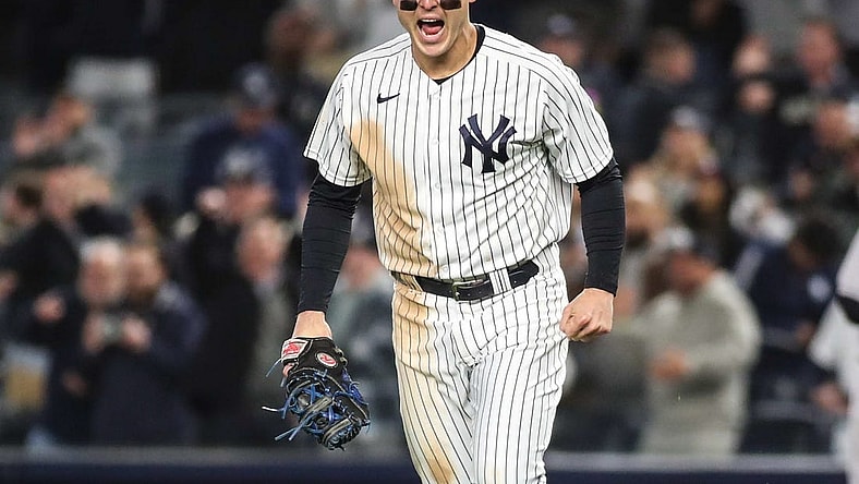 Oct 18, 2022; Bronx, New York, USA; New York Yankees first baseman Anthony Rizzo (48) during game five of the NLDS for the 2022 MLB Playoffs at Yankee Stadium. Mandatory Credit: Wendell Cruz-USA TODAY Sports