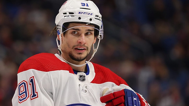 Oct 27, 2022; Buffalo, New York, USA;  Montreal Canadiens center Sean Monahan (91) during a stoppage in play against the Buffalo Sabres during the third period at KeyBank Center. Mandatory Credit: Timothy T. Ludwig-USA TODAY Sports