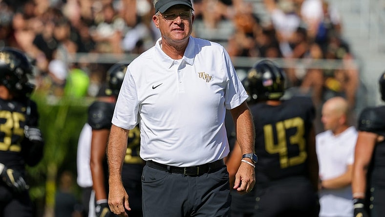 Oct 29, 2022; Orlando, Florida, USA; UCF Knights head coach Gus Malzahn on the field before the game against the Cincinnati Bearcats at FBC Mortgage Stadium. Mandatory Credit: Mike Watters-USA TODAY Sports