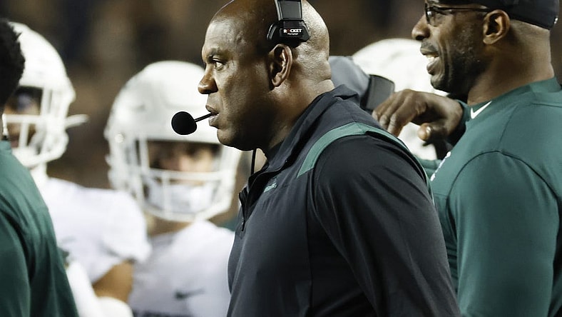 Oct 29, 2022; Ann Arbor, Michigan, USA; Michigan State Spartans head coach Mel Tucker on the sideline in the first half against the Michigan Wolverines at Michigan Stadium. Mandatory Credit: Rick Osentoski-USA TODAY Sports