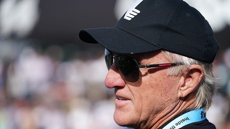 Oct 30, 2022; Miami, Florida, USA; Greg Norman the LIV Golf CEO watches during the final round of the season finale of the LIV Golf series at Trump National Doral. Mandatory Credit: Jasen Vinlove-USA TODAY Sports