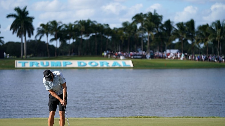 Oct 30, 2022; Miami, Florida, USA; Peter Uihlein putts on the 18th green during the final round of the season finale of the LIV Golf series at Trump National Doral. Mandatory Credit: Jasen Vinlove-USA TODAY Sports