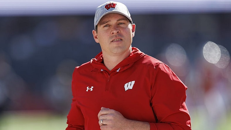 Oct 22, 2022; Madison, Wisconsin, USA; Wisconsin Badgers head coach Jim Leonhard during warmups prior to the game against the Purdue Boilermakers at Camp Randall Stadium. Mandatory Credit: Jeff Hanisch-USA TODAY Sports