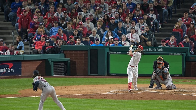 Nov 1, 2022; Philadelphia, PA, USA; Philadelphia Phillies center fielder Brandon Marsh (16) hits a solo home run off of Houston Astros starting pitcher Lance McCullers Jr. (43) during the second inning in game three of the 2022 World Series at Citizens Bank Park. Mandatory Credit: John Geliebter-USA TODAY Sports