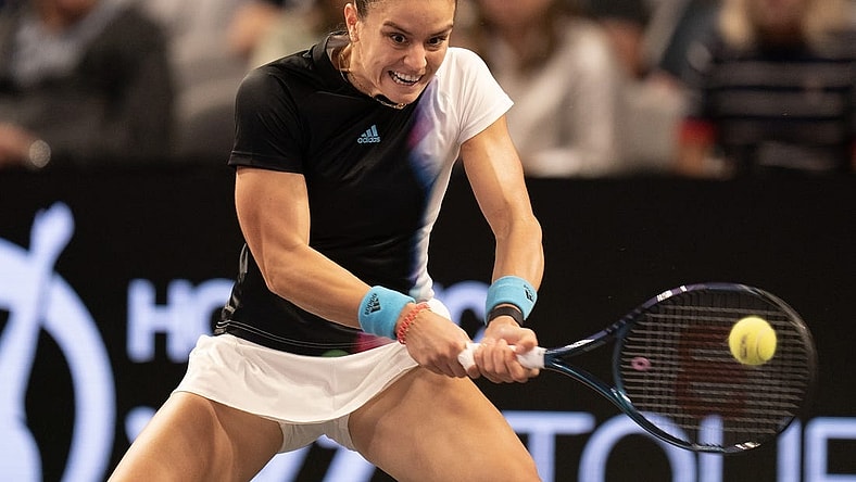 Nov 2, 2022; Forth Worth, TX, USA; Maria Sakkari (GRE) returns a shot during her match against Aryna Sabalenka (BLR) on day three of the WTA Finals at Dickies Arena. Mandatory Credit: Susan Mullane-USA TODAY Sports