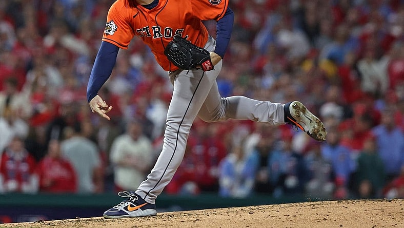 Nov 3, 2022; Philadelphia, Pennsylvania, USA; Houston Astros starting pitcher Justin Verlander (35) throws a pitch against the Philadelphia Phillies during the fourth inning in game five of the 2022 World Series at Citizens Bank Park. Mandatory Credit: Bill Streicher-USA TODAY Sports