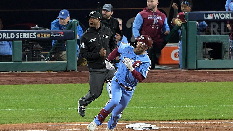 Nov 3, 2022; Philadelphia, Pennsylvania, USA; Philadelphia Phillies designated hitter Bryce Harper (3) runs toward second base after hitting a double against the Houston Astros during the fifth inning in game five of the 2022 World Series at Citizens Bank Park. Mandatory Credit: John Geliebter-USA TODAY Sports