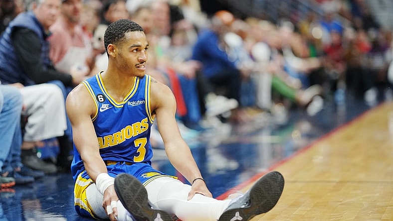 Nov 4, 2022; New Orleans, Louisiana, USA; Golden State Warriors guard Jordan Poole (3) reacts after a foul against the New Orleans Pelicans during the first quarter at Smoothie King Center. Mandatory Credit: Andrew Wevers-USA TODAY Sports
