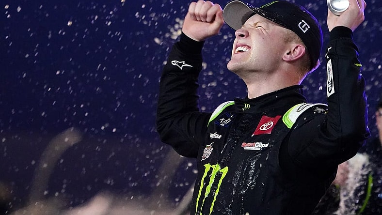Nov 5, 2022; Avondale, Arizona, USA; Xfinity Series driver Ty Gibbs (54) celebrates winning the Xfinity series championship at Phoenix Raceway. Mandatory Credit: John David Mercer-USA TODAY Sports