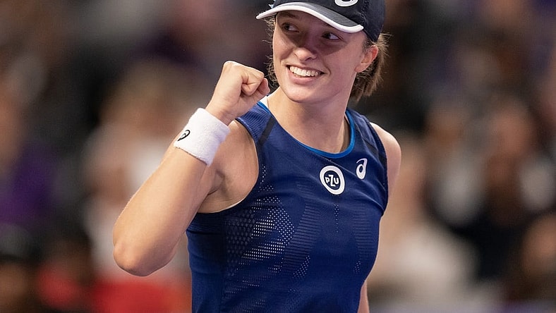 Nov 5, 2022; Forth Worth, TX, USA; Iga Swiatek (POL) celebrates after defeating Coco Gauff (USA) on day six of the WTA Finals at Dickies Arena. Mandatory Credit: Susan Mullane-USA TODAY Sports