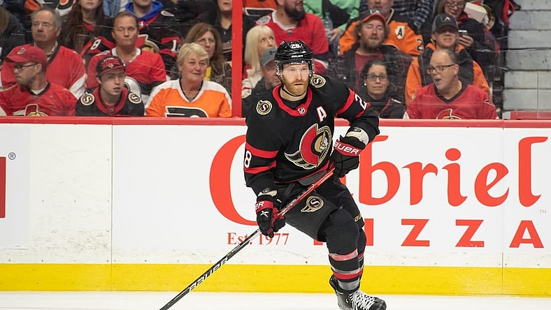 Nov 5, 2022; Ottawa, Ontario, CAN; Ottawa Senators right wing Claude Giroux (28) skates with the puck in the second period against the Philadelphia Flyers at the Canadian Tire Centre. Mandatory Credit: Marc DesRosiers-USA TODAY Sports