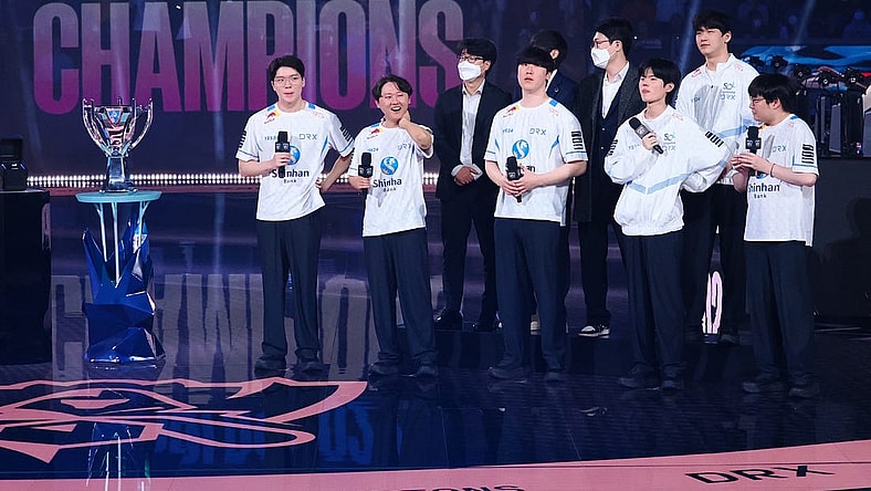 Nov 5, 2022; San Francisco, California, USA; DRX players on stage after winning the League of Legends World Championships against T1 at Chase Center. Mandatory Credit: Kelley L Cox-USA TODAY Sports