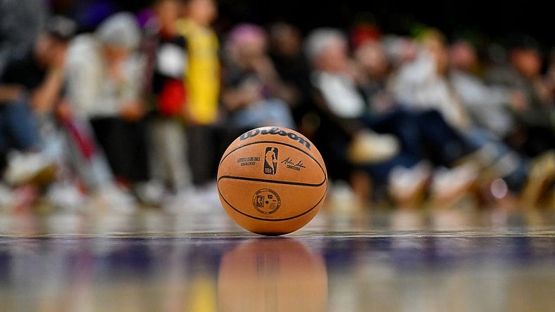 Nov 6, 2022; Los Angeles, California, USA; Detailed view of and NBA basketball on the court during the game between the Los Angeles Lakers and the Cleveland Cavaliers at Crypto.com Arena. Mandatory Credit: Jayne Kamin-Oncea-USA TODAY Sports