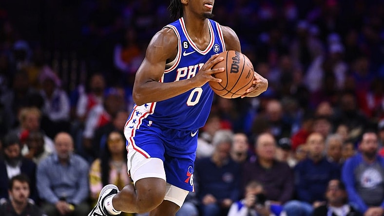 Nov 7, 2022; Philadelphia, Pennsylvania, USA; Philadelphia 76ers guard Tyrese Maxey (0) passes the ball against the Phoenix Suns in the first quarter at Wells Fargo Center. Mandatory Credit: Kyle Ross-USA TODAY Sports