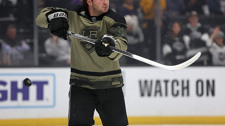 Nov 10, 2022; Los Angeles, California, USA; Los Angeles Kings left wing Brendan Lemieux (48) warms up before the game against the Chicago Blackhawks at Crypto.com Arena. Mandatory Credit: Kiyoshi Mio-USA TODAY Sports