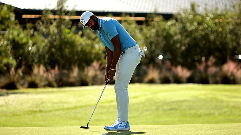 Nov 11, 2022; Houston, Texas, USA; Tony Finau takes a putt on the green of the ninth hole during the second round of the Cadence Bank Houston Open golf tournament. Mandatory Credit: Erik Williams-USA TODAY Sports