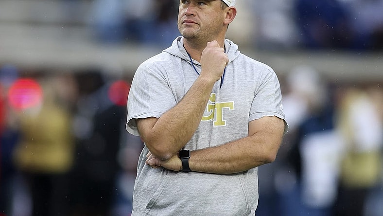 Nov 12, 2022; Atlanta, Georgia, USA; Georgia Tech Yellow Jackets head coach Brent Key on the field before a game against the Miami Hurricanes at Bobby Dodd Stadium. Mandatory Credit: Brett Davis-USA TODAY Sports