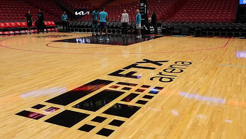 Nov 12, 2022; Miami, Florida, USA; A general view of the FTX Arena logo on the court prior to the game between the Miami Heat and the Charlotte Hornets at FTX Arena. Mandatory Credit: Jasen Vinlove-USA TODAY Sports