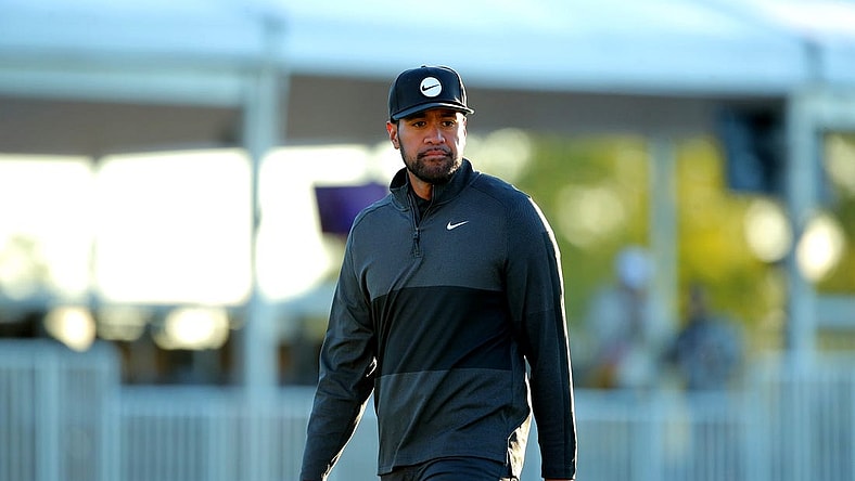 Nov 12, 2022; Houston, Texas, USA; Tony Finau stands on the green of the eighteenth hole during the third round of the Cadence Bank Houston Open golf tournament. Mandatory Credit: Erik Williams-USA TODAY Sports