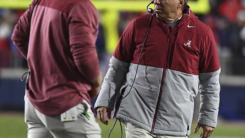Nov 12, 2022; Oxford, Mississippi, USA; Alabama Crimson Tide head coach Nick Saban looks onto the field in the fourth quarter against the Ole Miss Rebels at Vaught-Hemingway Stadium. Alabama won 30-24. Mandatory Credit: Gary Cosby Jr.-USA TODAY Sports