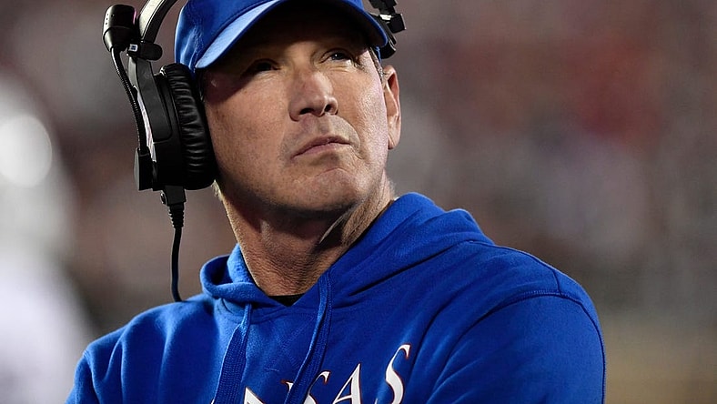 Kansas' head football coach Lance Leipold looks up during the Big 12 football game against Texas Tech, Saturday, Nov. 12, 2022, at Jones AT&T Stadium.