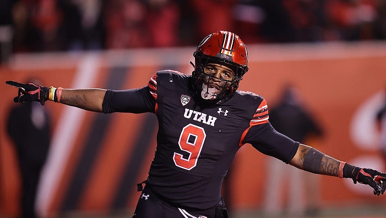 Nov 12, 2022; Salt Lake City, Utah, USA; Utah Utes running back Tavion Thomas (9) celebrates a touchdown against the Stanford Cardinal in the fourth quarter at Rice-Eccles Stadium. Mandatory Credit: Rob Gray-USA TODAY Sports