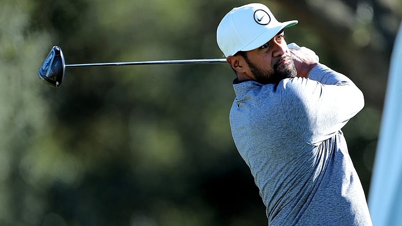 Nov 13, 2022; Houston, Texas, USA; Tony Finau hits a tee shot at the first hole during the final round of the Cadence Bank Houston Open golf tournament. Mandatory Credit: Erik Williams-USA TODAY Sports