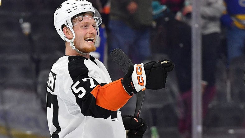 Nov 8, 2022; Philadelphia, Pennsylvania, USA; Philadelphia Flyers right wing Wade Allison (57) against the St. Louis Blues at Wells Fargo Center. Mandatory Credit: Eric Hartline-USA TODAY Sports