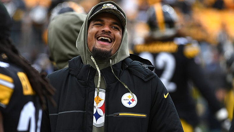 Nov 13, 2022; Pittsburgh, Pennsylvania, USA;  Pittsburgh Steelers safety Minkah Fitzpatrick laughs on the sidelines before a game against the New Orleans Saints at Acrisure Stadium. Mandatory Credit: Philip G. Pavely-USA TODAY Sports