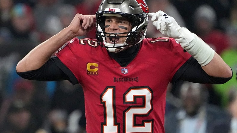 Nov 13, 2022; Munich, Germany; Tampa Bay Buccaneers quarterback Tom Brady (12) gestures in the fourth quarter against the Seattle Seahawks during an NFL International Series game at Allianz Arena. Mandatory Credit: Kirby Lee-USA TODAY Sports