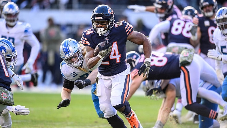 Nov 13, 2022; Chicago, Illinois, USA; Chicago Bears running back Khalil Herbert (24) runs the ball in the fourth quarter against the Detroit Lions at Soldier Field. Mandatory Credit: Daniel Bartel-USA TODAY Sports