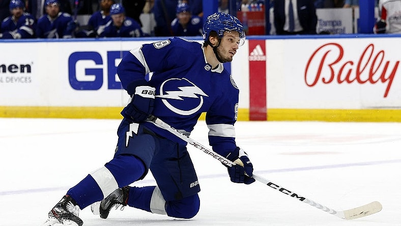 Nov 13, 2022; Tampa, Florida, USA; Tampa Bay Lightning defenseman Mikhail Sergachev (98) scores against the Washington Capitals during the first period at Amalie Arena. Mandatory Credit: Kim Klement-USA TODAY Sports