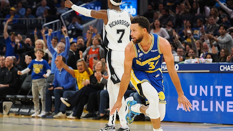 Nov 14, 2022; San Francisco, California, USA; Golden State Warriors point guard Stephen Curry (30) celebrates after scoring a three point basket against the San Antonio Spurs during the second quarter at Chase Center. Mandatory Credit: Kelley L Cox-USA TODAY Sports