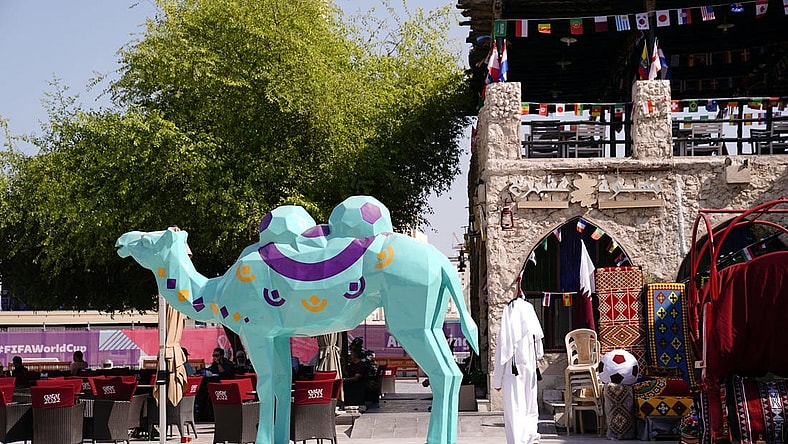 Nov 15, 2022; Doha, QATAR; One of many World Cup statues in Souk Waqif ahead of the 2022 FIFA World Cup. Mandatory Credit: Danielle Parhizkaran-USA TODAY Sports